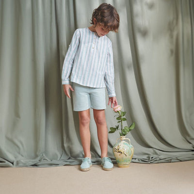 CONJUNTO DE NIÑO CAMISA DE RAYAS VERDES Y ROSAS CON BERMUDA VERDE