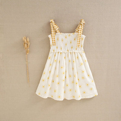 VESTIDO DE NIÑA DE TIRANTES CON ESTAMPADO DE DIENTE LEÓN EN MOSTAZA