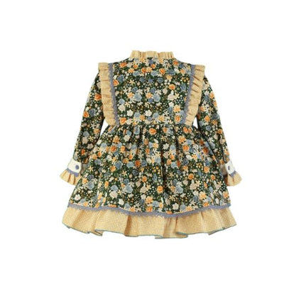 VESTIDO NIÑA MANGA LARGA VERDE MOSTAZA FLORES