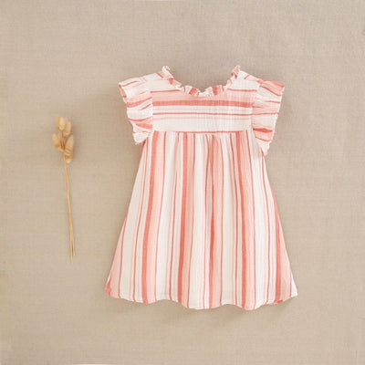 VESTIDO DE NIÑA ESTAMPADO DE RAYAS EN TONOS CORAL