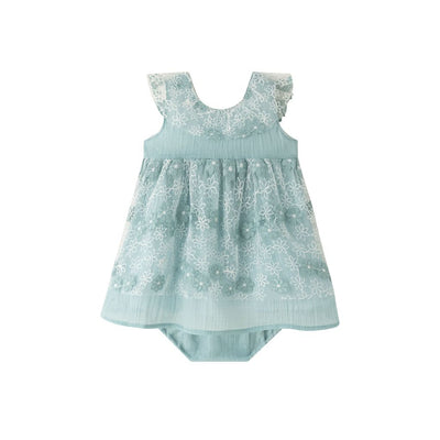 VESTIDO CON BRAGUITA BASE DE BAMBULA Y APLIQUES DE TULL CON FLORES