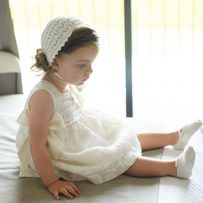 VESTIDO MARFIL CUERPO CALADO TUL BORDADO - Menta Moda Infantil