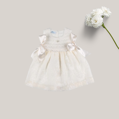 VESTIDO MARFIL CUERPO CALADO TUL BORDADO - Menta Moda Infantil