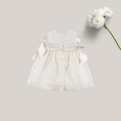 VESTIDO MARFIL CUERPO CALADO TUL BORDADO - Menta Moda Infantil