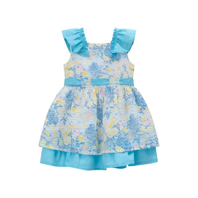 VESTIDO NIÑA AZUL TURQUESA CON FLORES AMARILLO