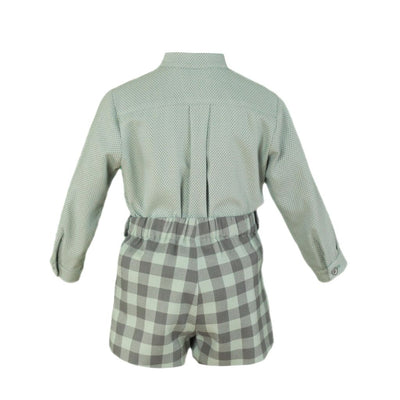 CONJUNTO  NINO CAMISA  MANGA LARGA Y PANTALON CORTO CUADROS  VERDE EMPOLVADO - Menta Moda Infantil