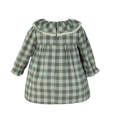 VESTIDO MANGA LARGA BEBE NINA CUADROS VERDE EMPOLVADO Y GRIS MARENGO - Menta Moda Infantil