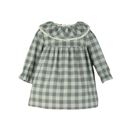 VESTIDO MANGA LARGA BEBE NINA CUADROS VERDE EMPOLVADO Y GRIS MARENGO - Menta Moda Infantil