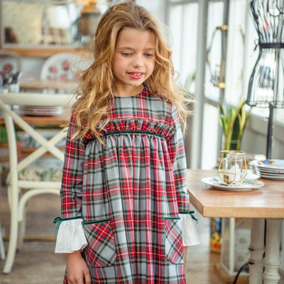 VESTIDO NINA MANGA LARGA CUADROS ESCOCESES GRIS FAMILIA ILUSION - Menta Moda Infantil