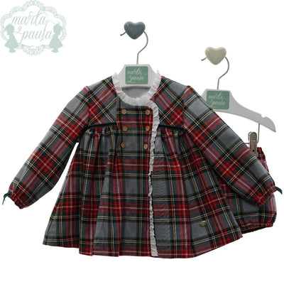 VESTIDO BEBE NINA MANGA LARGA CUADROS ESCOCES GRIS CON POLO FAMILIA ILUSION - Menta Moda Infantil