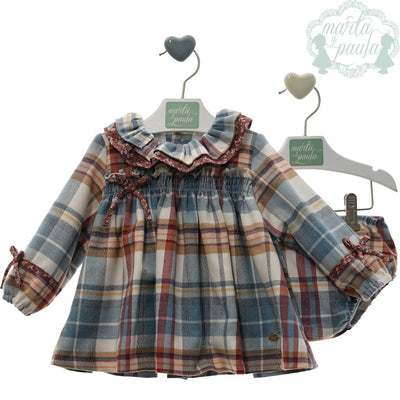 VESTIDO BEBE NINA MANGA LARGA CUADROS EN TONOS AZUL TURQUESA Y BRAGUITA FAMILIA FANTASIA - Menta Moda Infantil