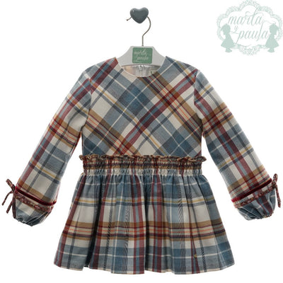 VESTIDO NINA MANGA LARGA TURQUESA CUADROS FAMILIA FANTASIA - Menta Moda Infantil