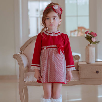 VESTIDO NIÑA MANGA LARGA ROJO CON TUL - Menta Moda Infantil