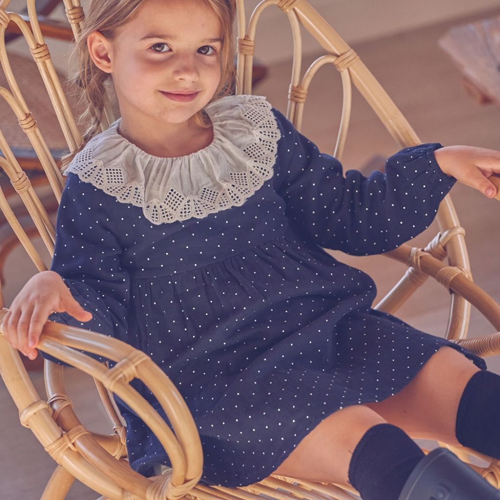 VESTIDO NIÑA MARINO TOPOS
