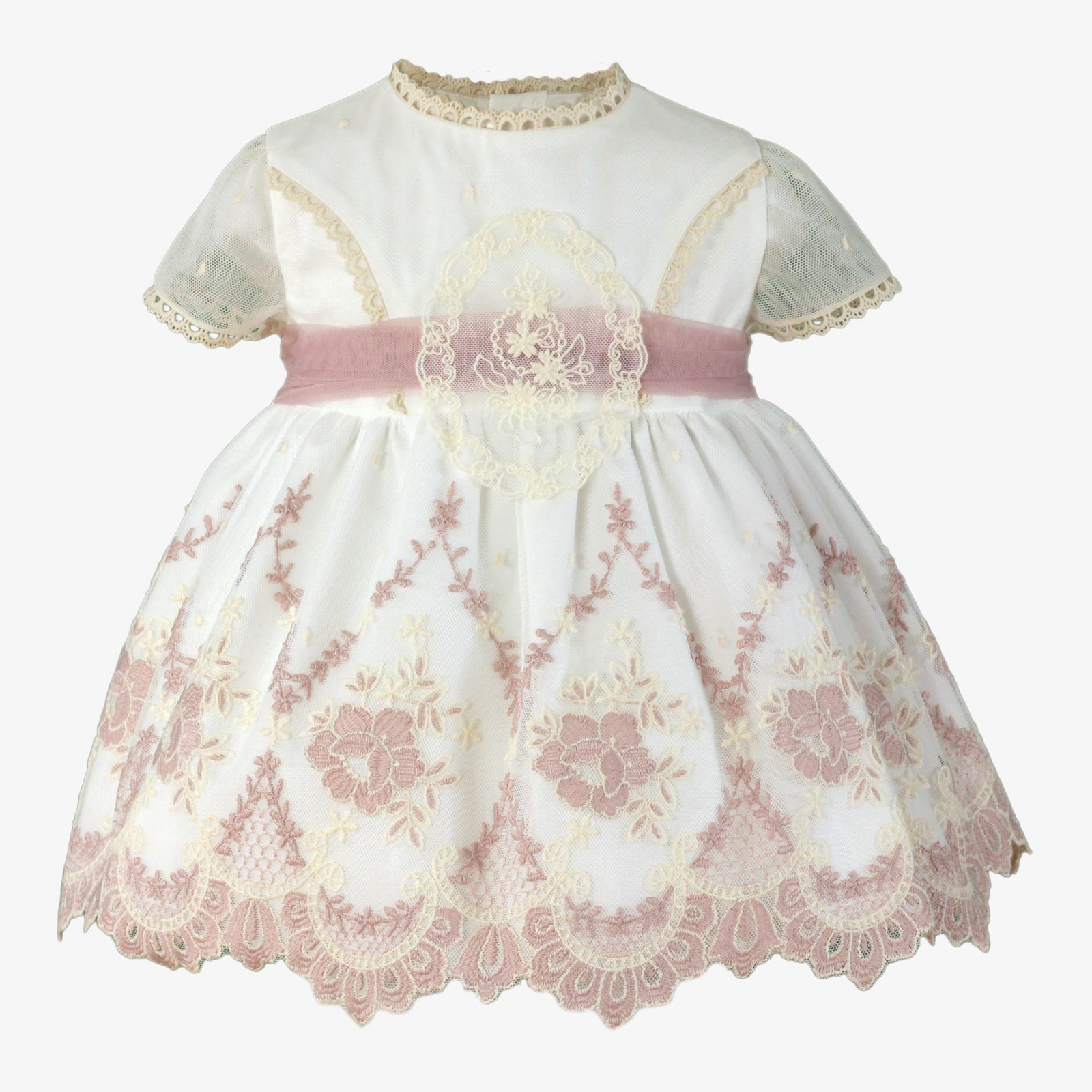 VESTIDO BEBE NIÑA CEREMONIA CRUDO Y ROSA