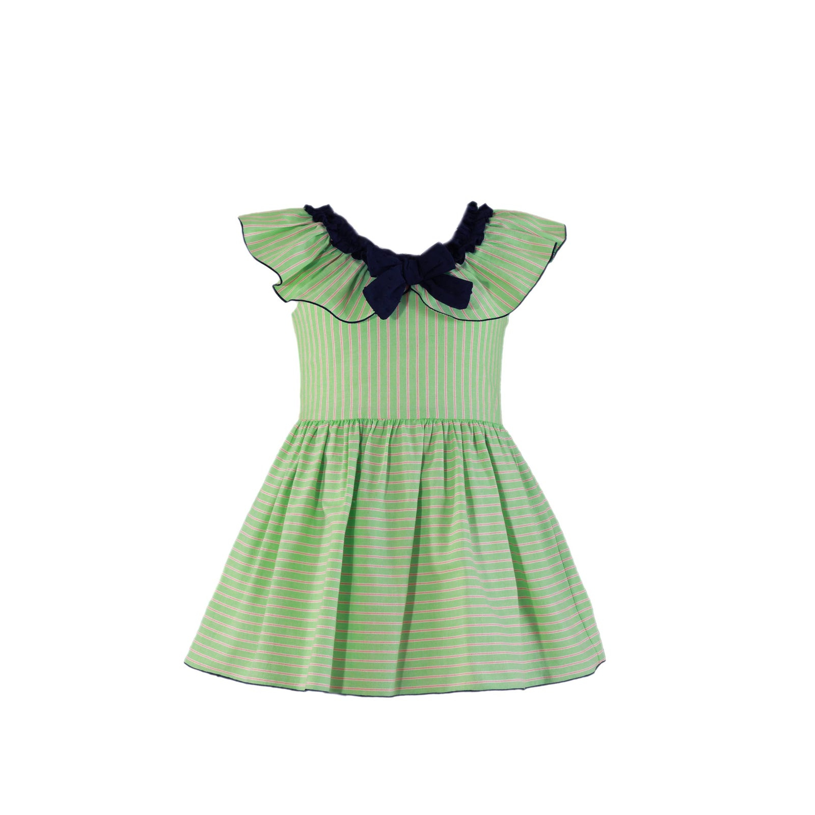 VESTIDO PARA NIÑA COLOR VERDE CON LINEAS NARANJAS