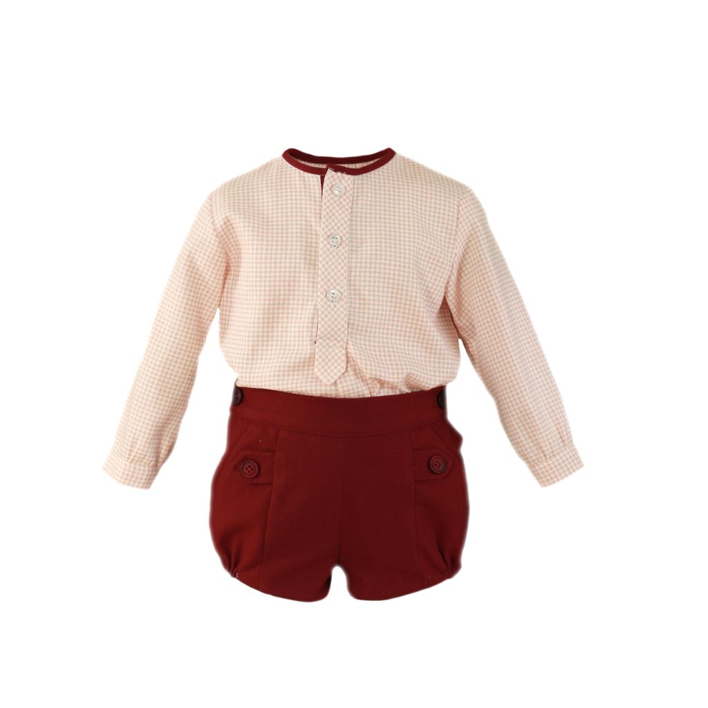 CONJUNTO BEBE CUADROS GRANATE
