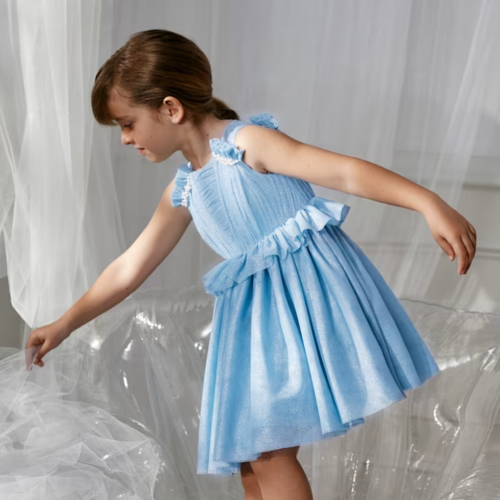 VESTIDO TUL BRILLO CELESTE - Menta Moda Infantil