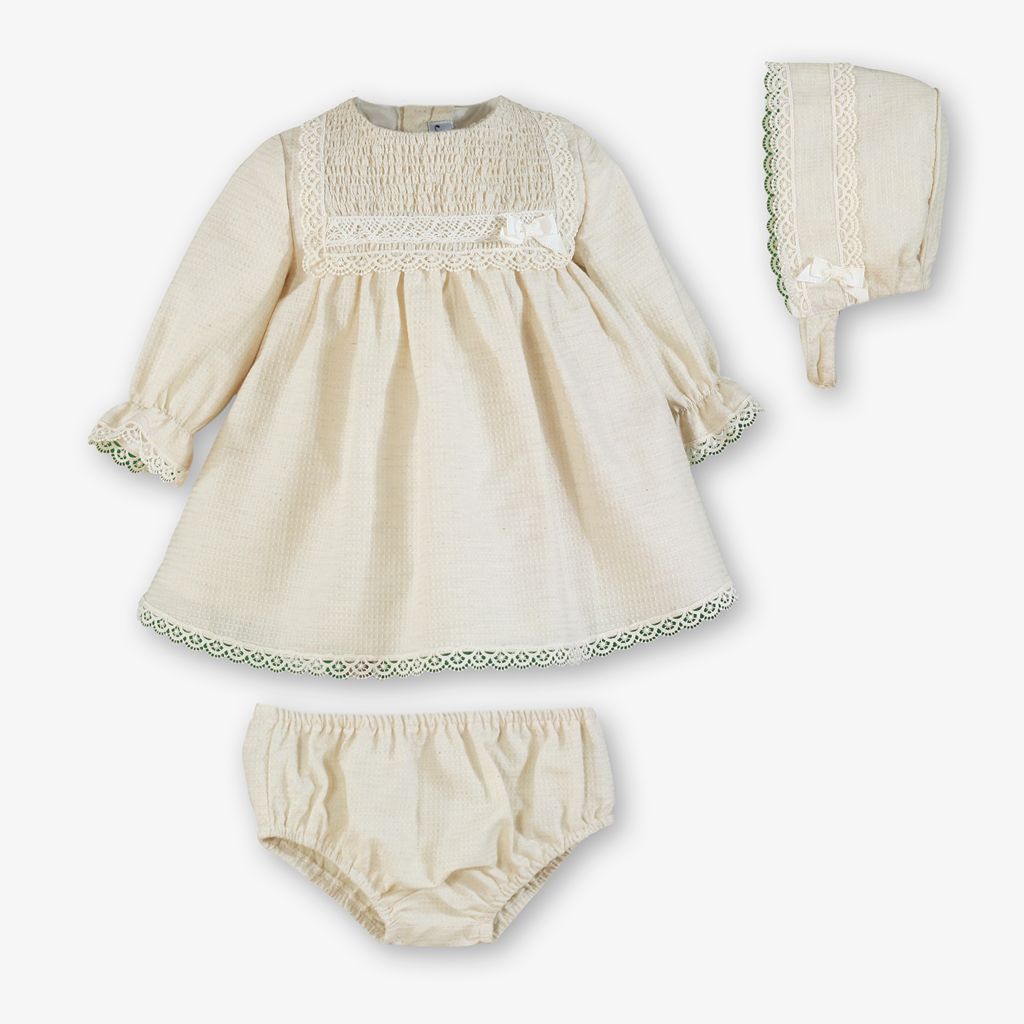 VESTIDO BRAGUITA GORRO BEBE CRUDO CEREMONIA