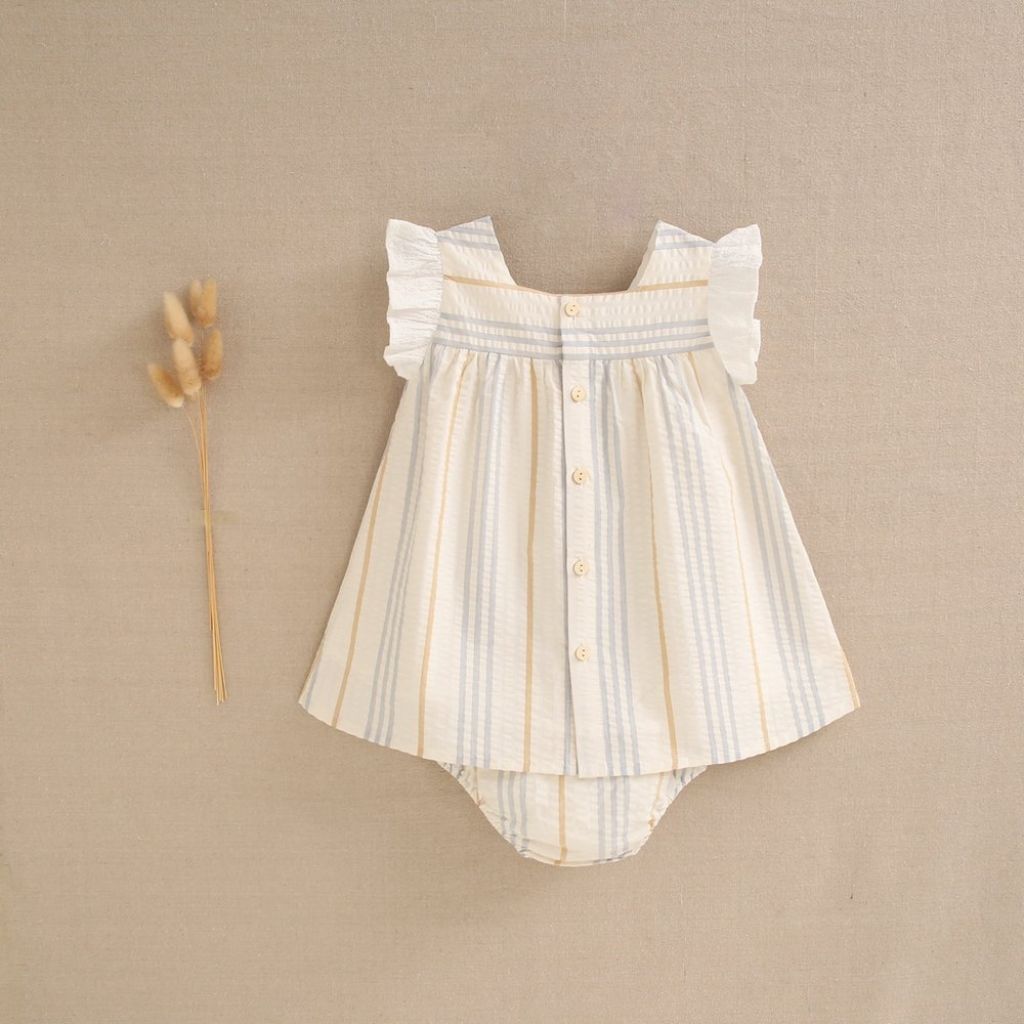 VESTIDO DE BEBÉ NIÑA CON BRAGUITA RAYAS AZULES Y CAMEL