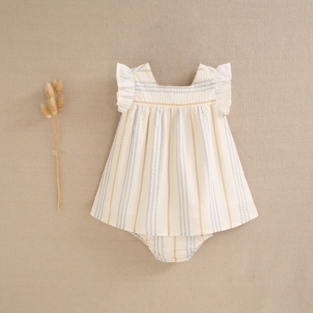 VESTIDO DE BEBÉ NIÑA CON BRAGUITA RAYAS AZULES Y CAMEL