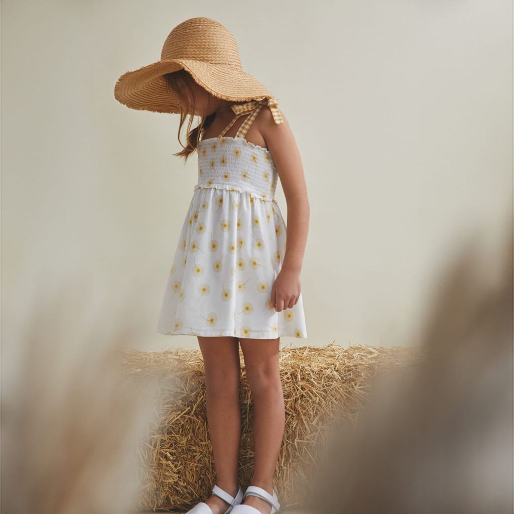 VESTIDO DE NIÑA DE TIRANTES CON ESTAMPADO DE DIENTE LEÓN EN MOSTAZA