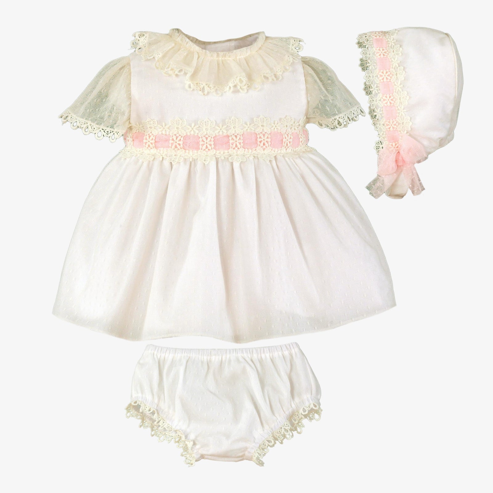 VESTIDO COLOR CRUDO CINTA ROSA