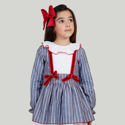 VESTIDO FORMAL PARA NIÑA AZUL DE RAYAS CON ROJO - Menta Moda Infantil