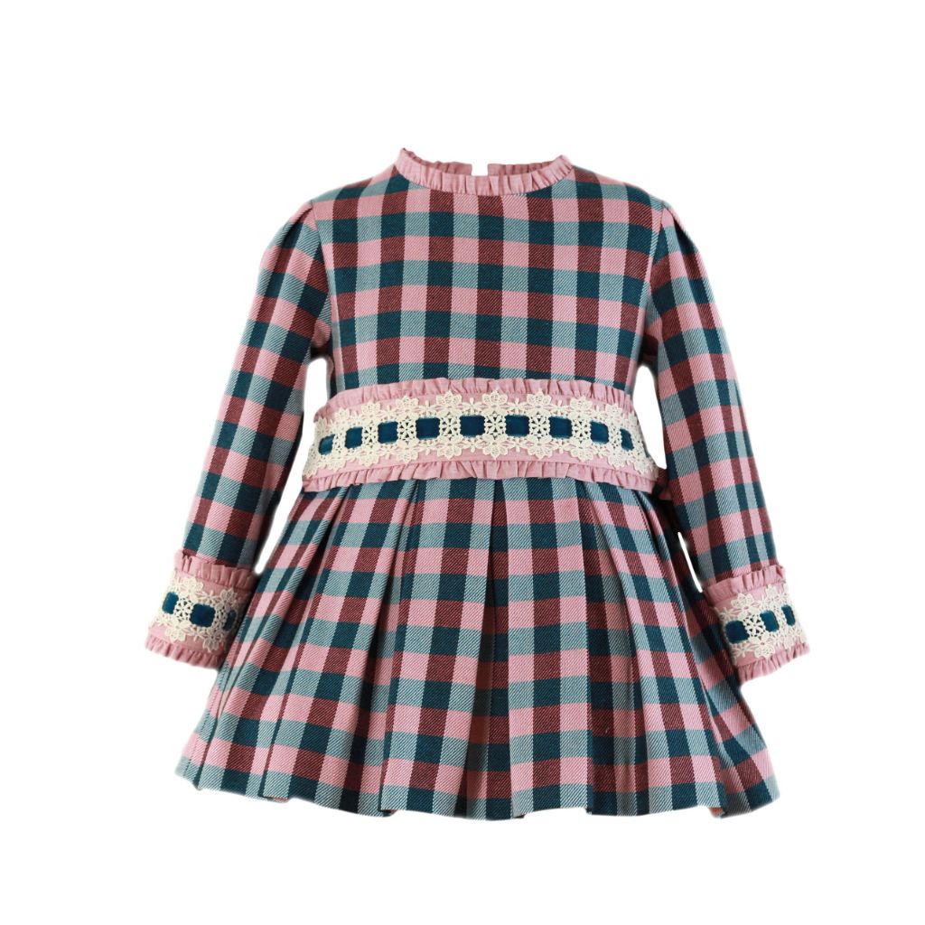 VESTIDO NIÑA MANGA LARGA CUADROS ROSA AZUL
