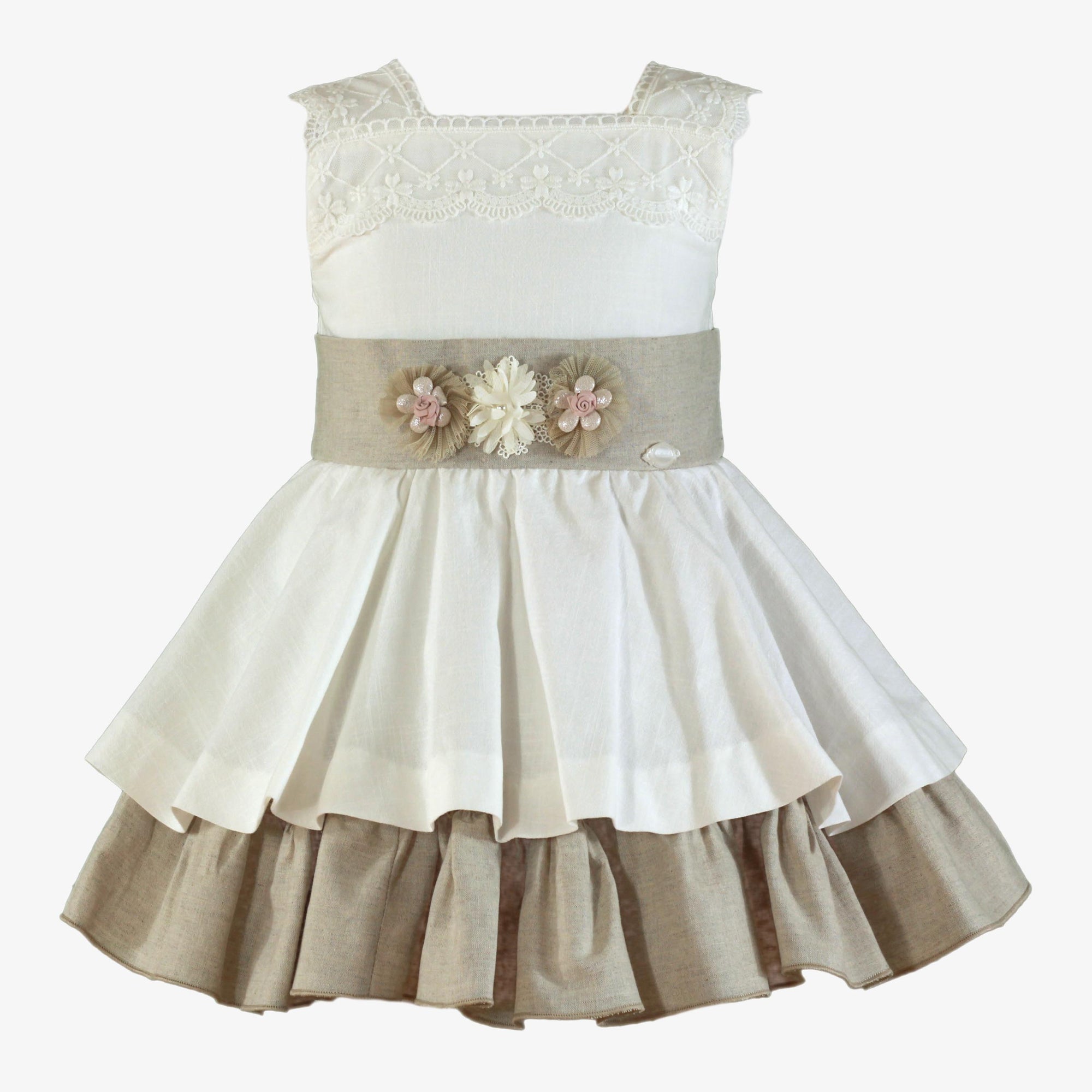 VESTIDO INFANTIL CEREMONIA BLANCO Y CAQUI