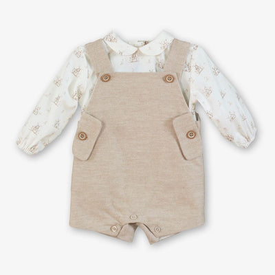 PETO CAMEL Y CAMISA ESTAMPADA BEBE NINO