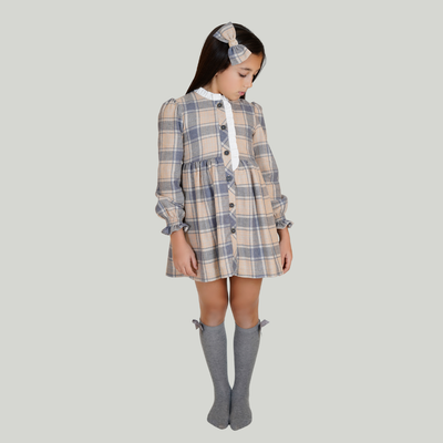 VESTIDO DE CUADROS BEIGE Y AZUL GRISACEO PARA NIÑA - Menta Moda Infantil