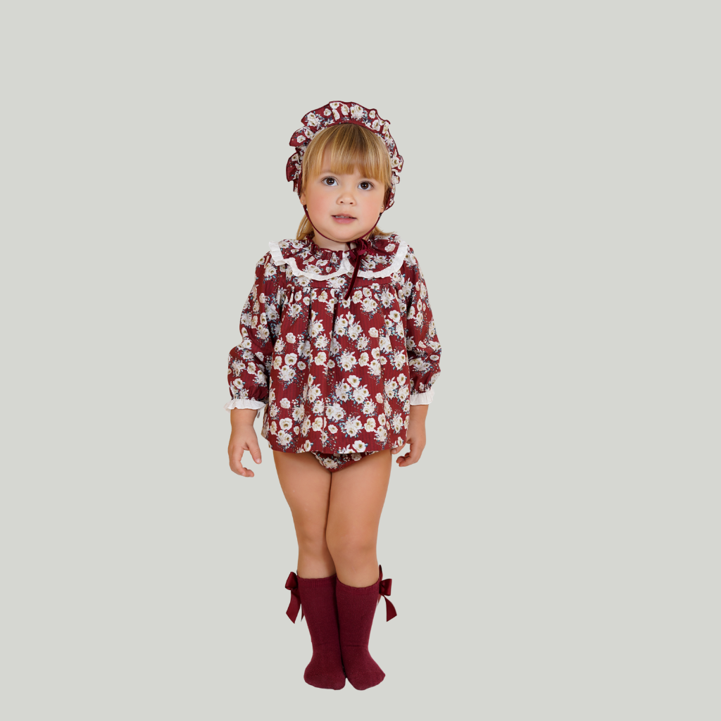 VESTIDO BEBÉ VINO ESTAMPADO FLORES BLANCAS