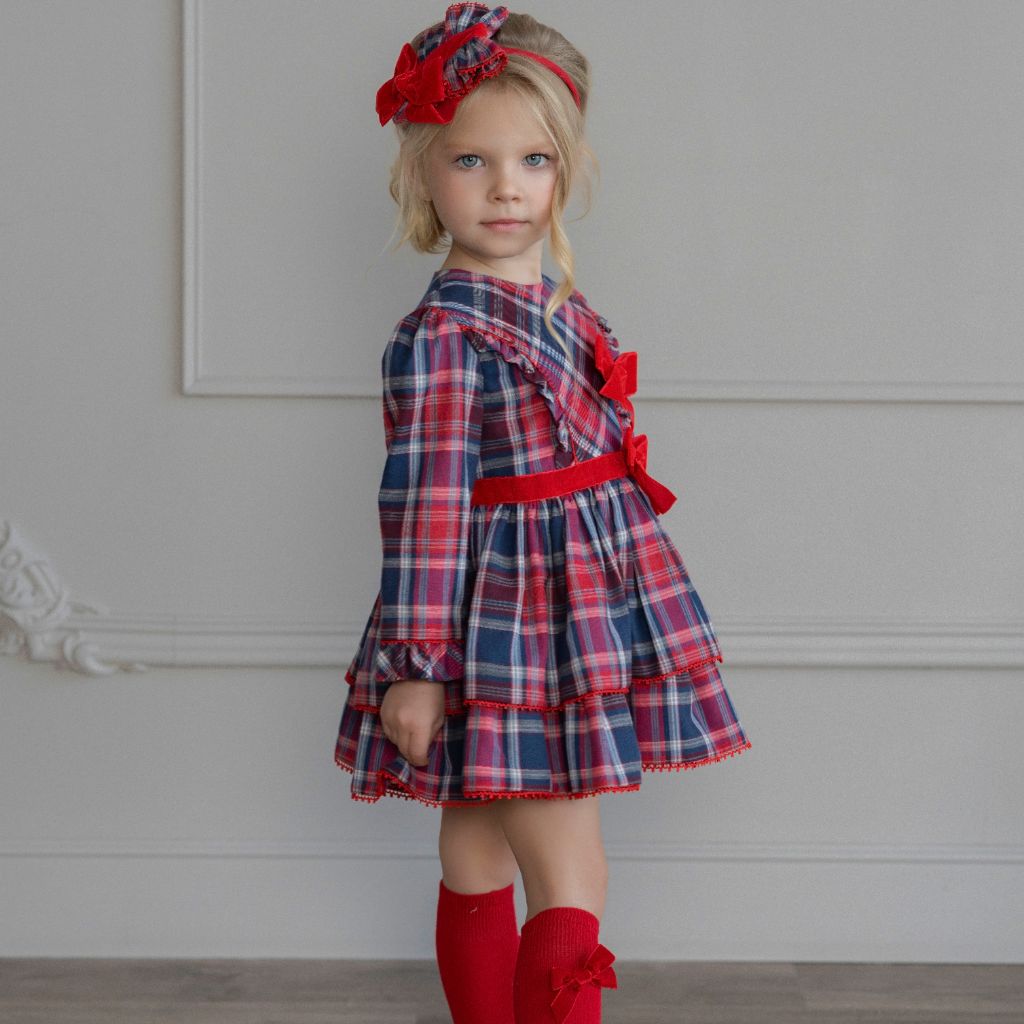 VESTIDO CUADROS AZUL CON ROJO NIÑA