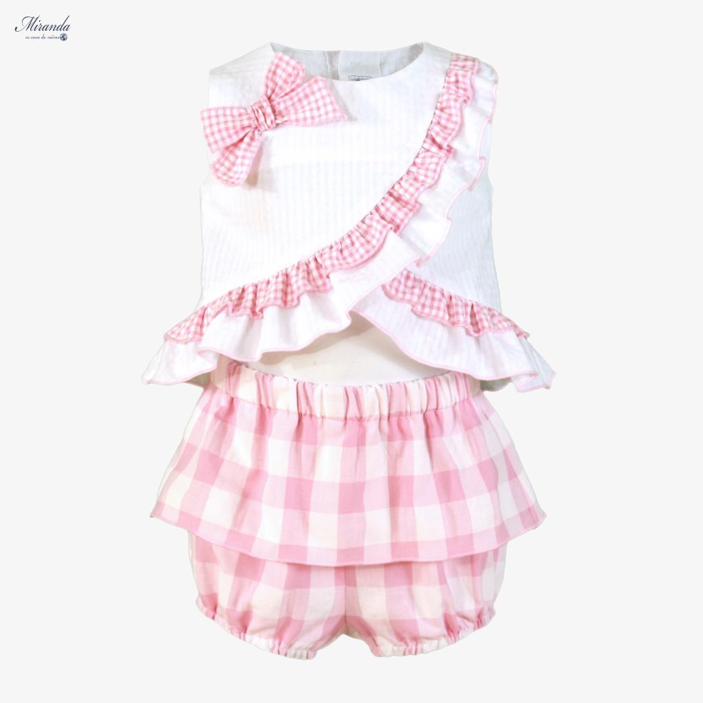 CONJUNTO BLUSA BRAGUITA BEBE NIÑA CUADROS ROSA BLANCO