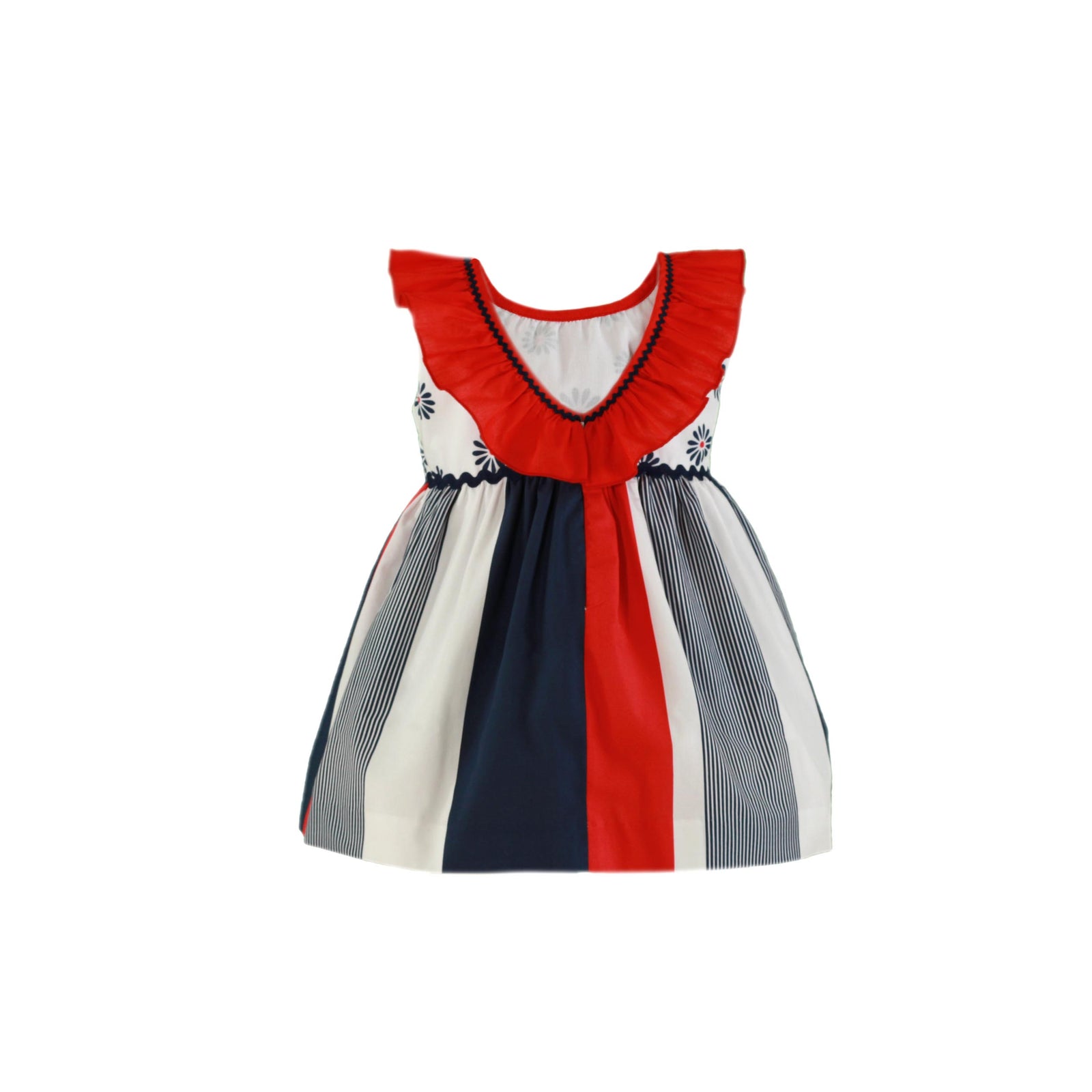 VESTIDO PARA NIÑA CON RAYAS DE COLOR ROJO, MARINO Y BLANCO