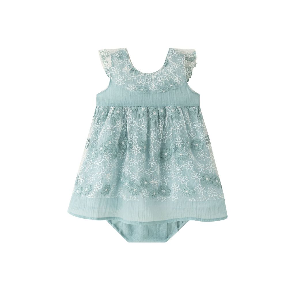 VESTIDO CON BRAGUITA BASE DE BAMBULA Y APLIQUES DE TULL CON FLORES