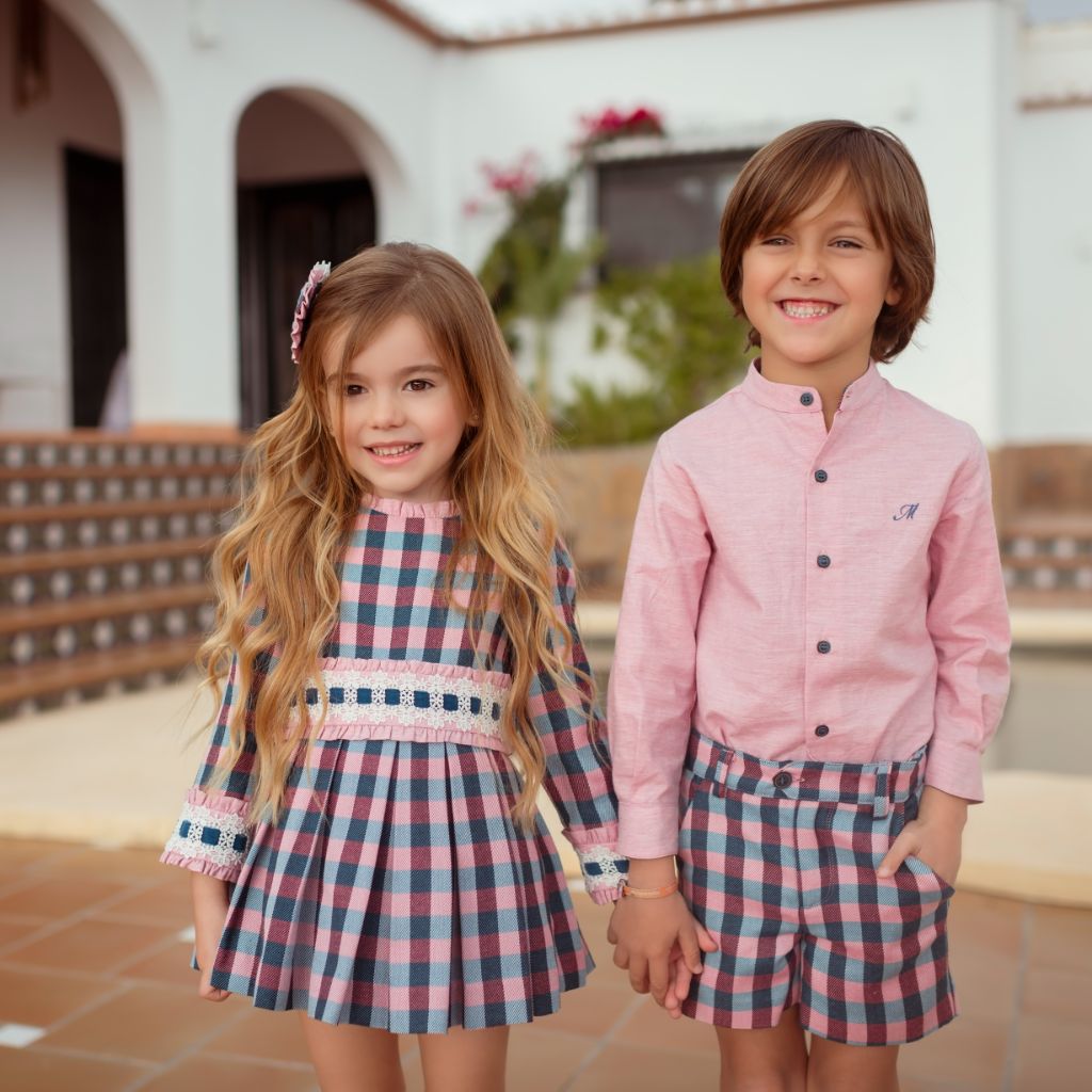 VESTIDO NIÑA MANGA LARGA CUADROS ROSA AZUL