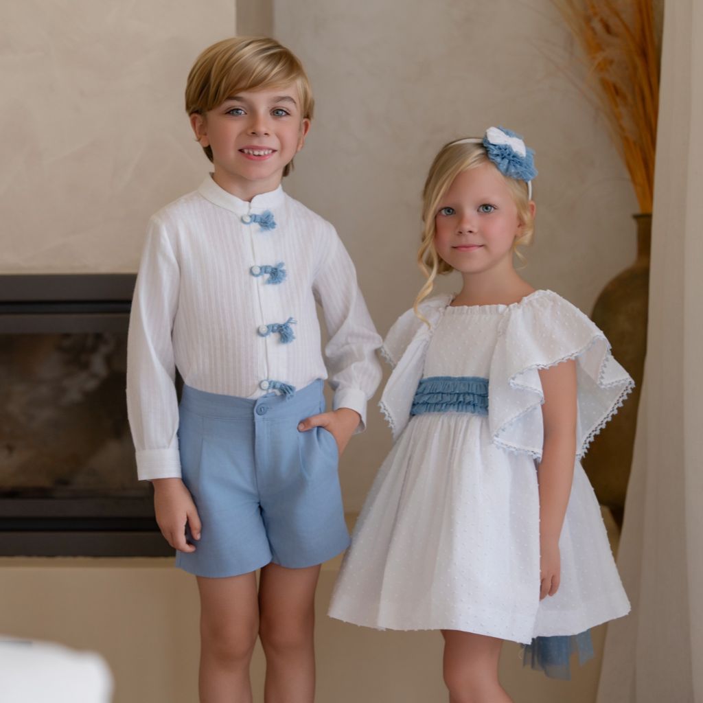 VESTIDO INFANTIL BLANCO FAJIN AZUL - Menta Moda Infantil
