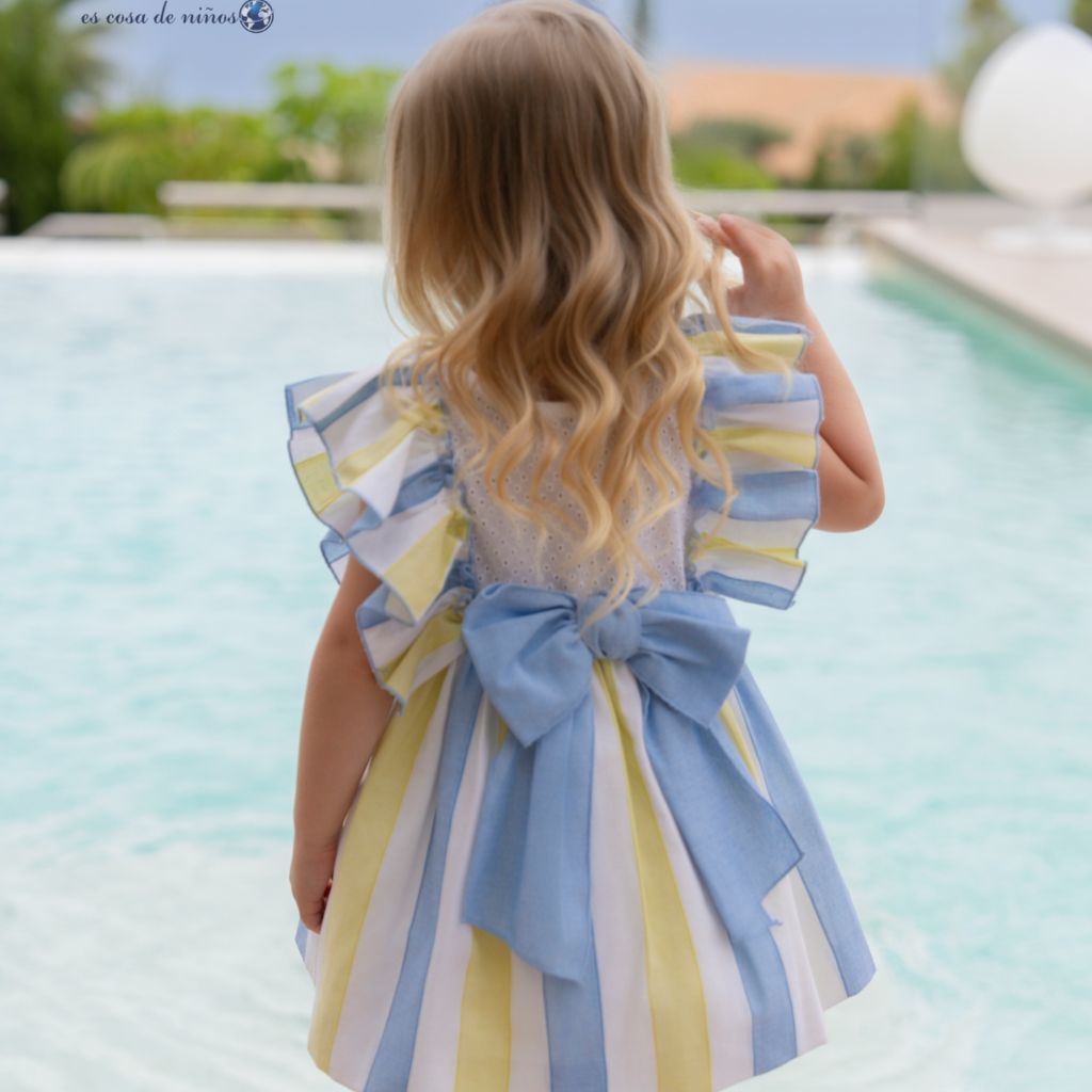 VESTIDO INFANTIL FRANJAS AMARILLO CELESTE - Menta Moda Infantil