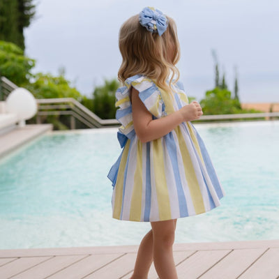 VESTIDO INFANTIL FRANJAS AMARILLO CELESTE - Menta Moda Infantil