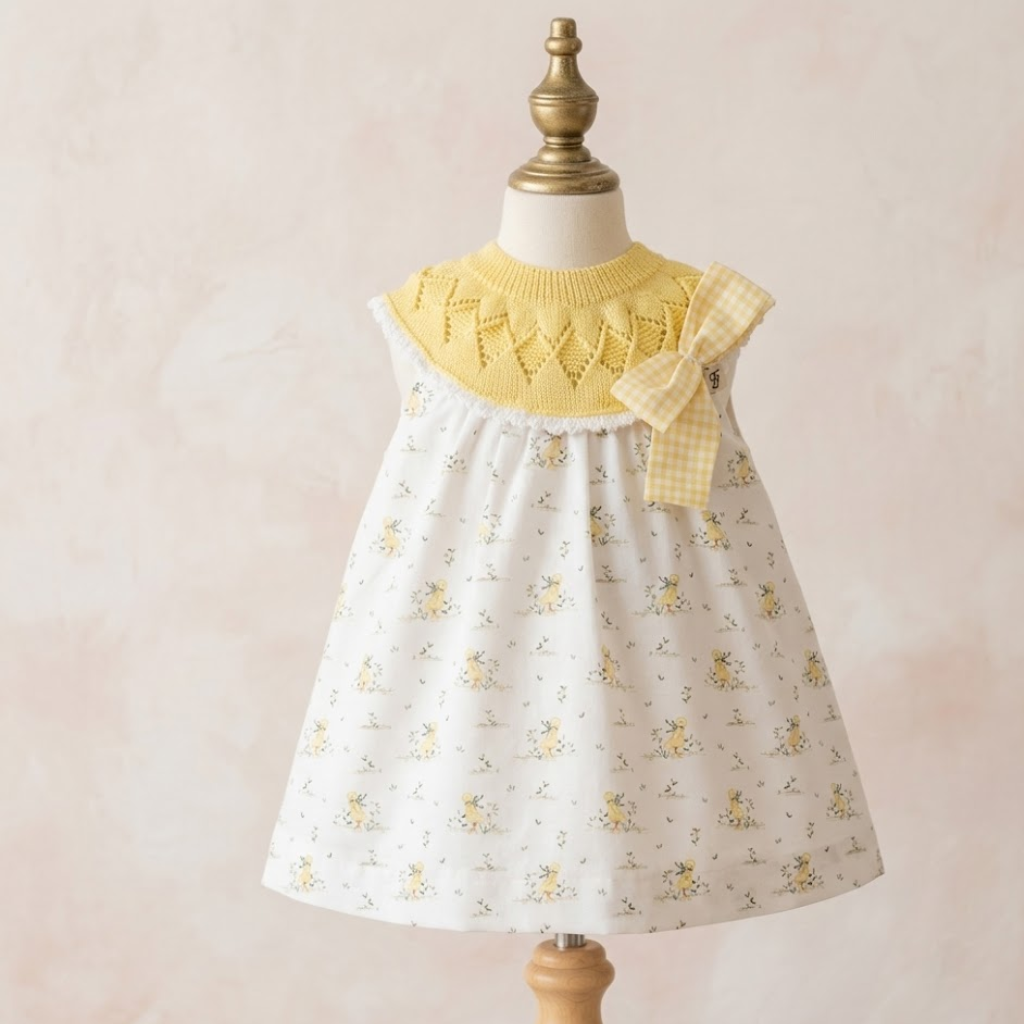 VESTIDO BEBÉ NIÑA ESTAMPADO CON CUELLO DE PUNTO AMARILLO - Menta Moda Infantil
