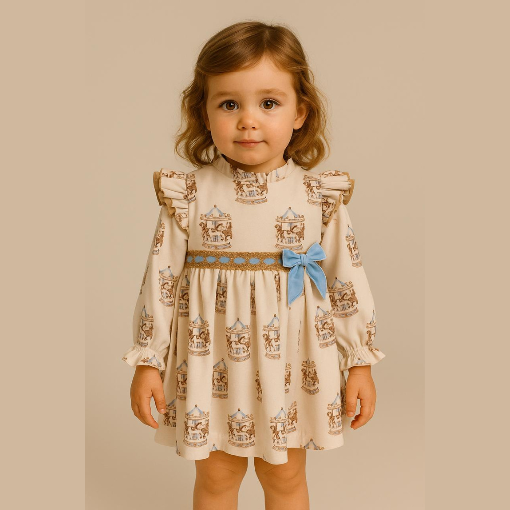 VESTIDO BLANCO ESTAMPADO CARROUSEL NIÑA CON UNA CINTA CELESTE