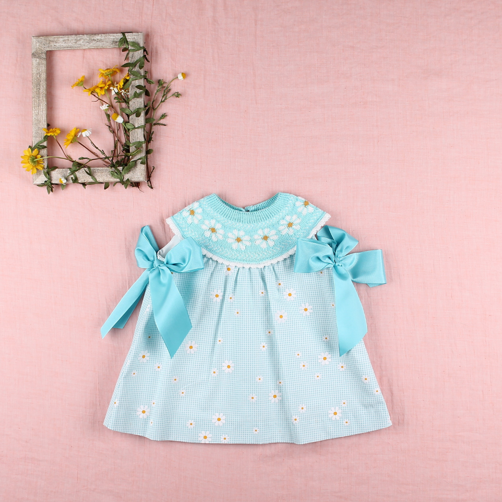 VESTIDO BEBÉ NIÑA PUNTO TURQUESA MARGARITAS - Menta Moda Infantil