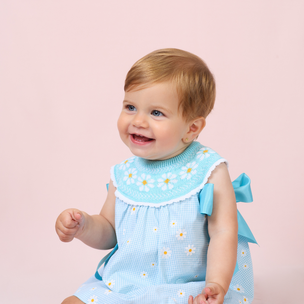 VESTIDO BEBÉ NIÑA PUNTO TURQUESA MARGARITAS - Menta Moda Infantil