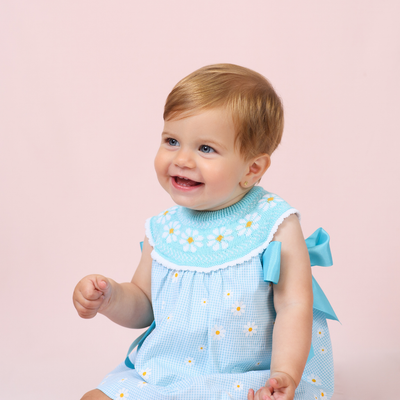 VESTIDO BEBÉ NIÑA PUNTO TURQUESA MARGARITAS - Menta Moda Infantil