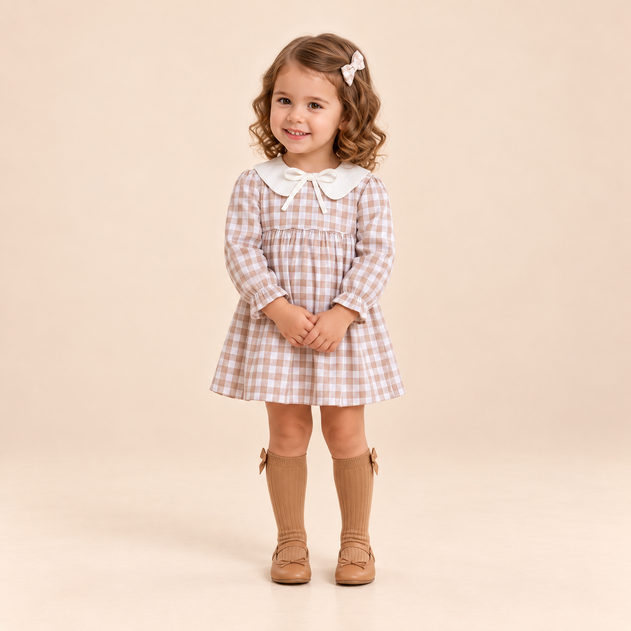 VESTIDO BRAGUITA BEBE CUADROS CAMEL