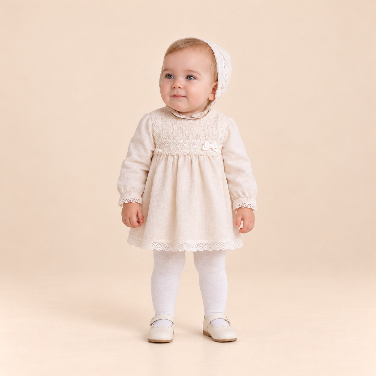 VESTIDO BRAGUITA GORRO BEBE CRUDO CEREMONIA