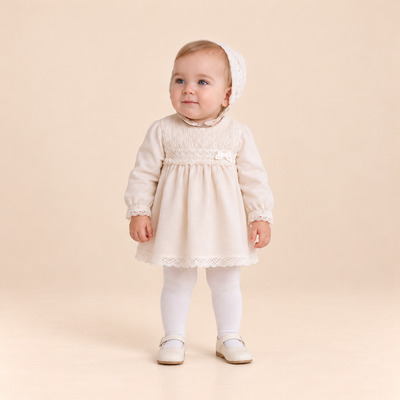VESTIDO BRAGUITA GORRO BEBE CRUDO CEREMONIA