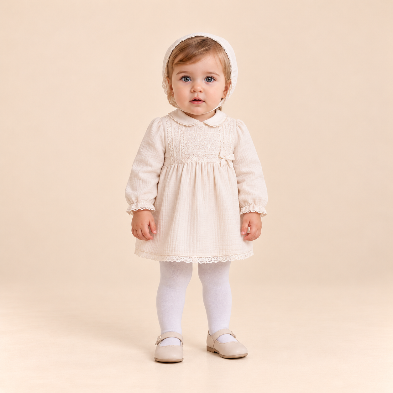 VESTIDO BRAGUITA GORRO BEBE CRUDO CEREMONIA